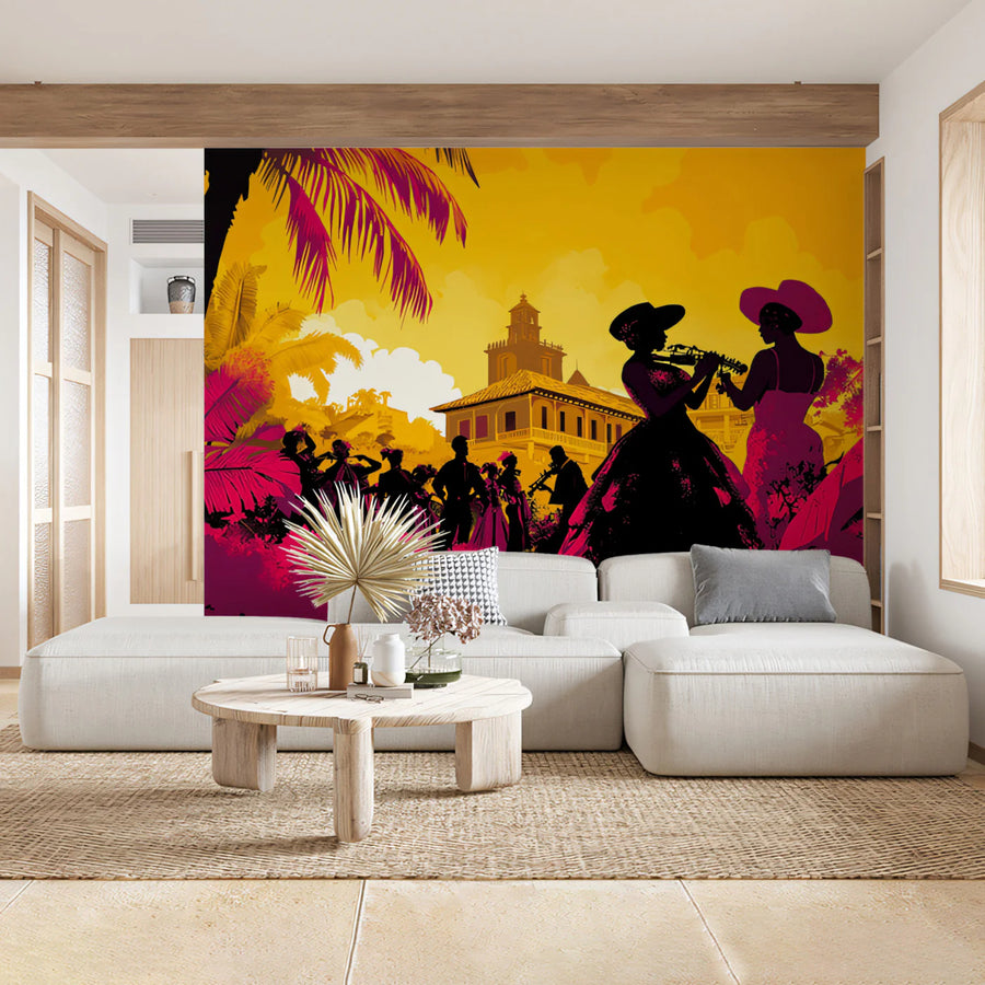 Latin Fiesta Mural Wallpaper — Sunset Silhouette Scene Mural Wallpaper