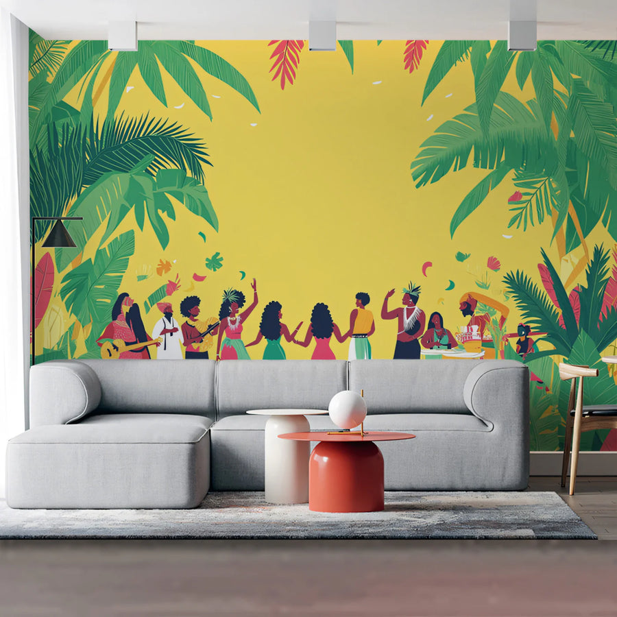 Island Celebration Mural Wallpaper — Tropical Festive Scene Mural Wallpaper