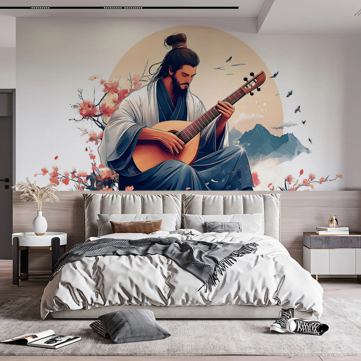 Traditional Pipa Player Mural Wallpaper — Artistic Ink Wash Style Mural Wallpaper - pure wallpaper artwork