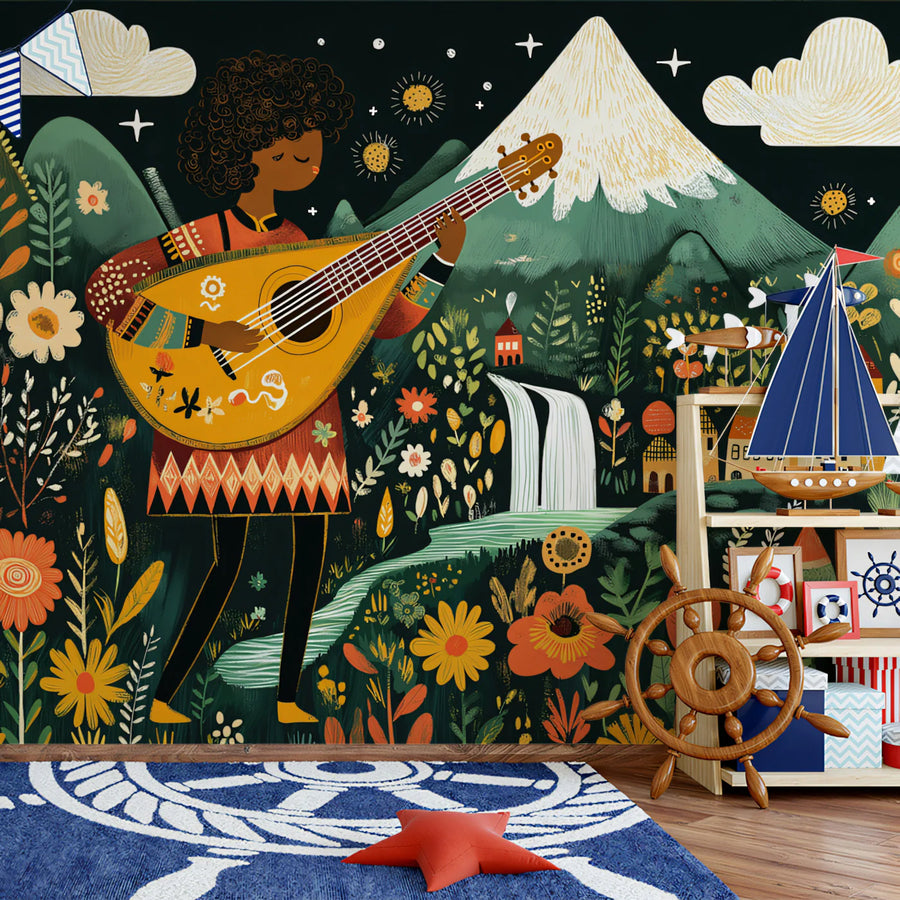 Folk Art Musician Mural Wallpaper — Whimsical Floral Mountain Scene Mural Wallpaper