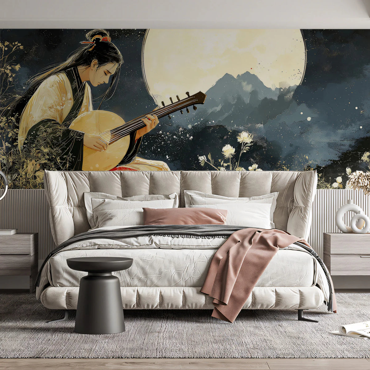 Moonlit Pipa Musician Mural Wallpaper — Traditional Ink Art Mural Wallpaper - pure wallpaper artwork