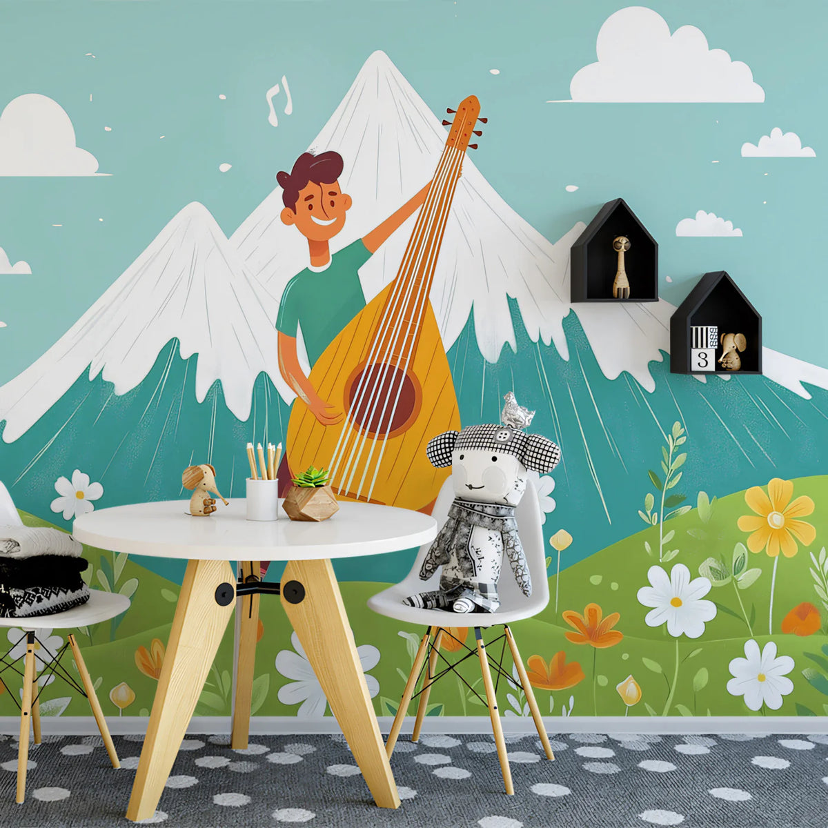 Lute Player in Mountain Meadow Mural Wallpaper — Whimsical Decor Mural Wallpaper - pure wallpaper artwork