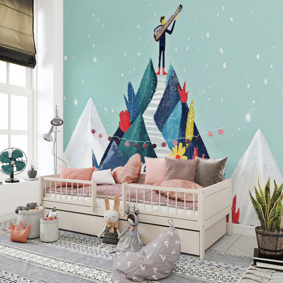 Lute Player Mountain Mural Wallpaper — Whimsical Artistic Design Mural Wallpaper