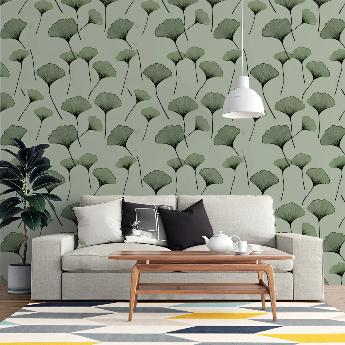 Ginkgo Leaf Mural Wallpaper — Botanical Minimalist Sage Design Mural Wallpaper - pure wallpaper artwork