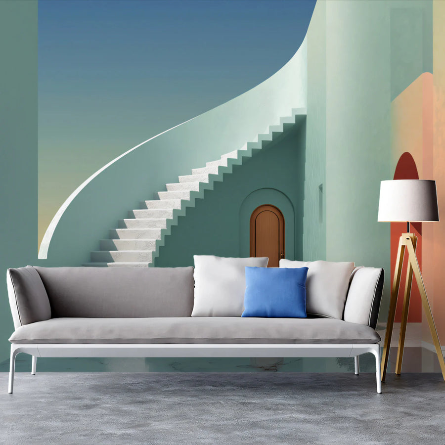 Minimalist Archway Staircase Mural Wallpaper — Modern Mediterranean Mural Wallpaper