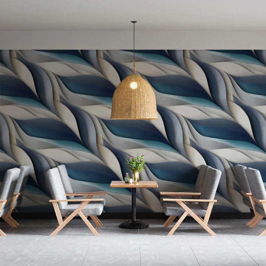 Sculptural Wave Mural Wallpaper — Blue and Gray Abstract Motion Mural Wallpaper
