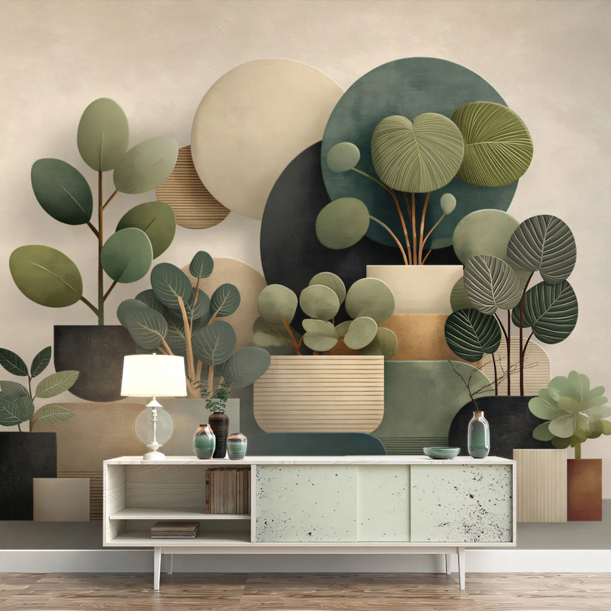 Abstract Potted Plants Mural Wallpaper — Modern Botanical Art Mural Wallpaper - pure wallpaper artwork