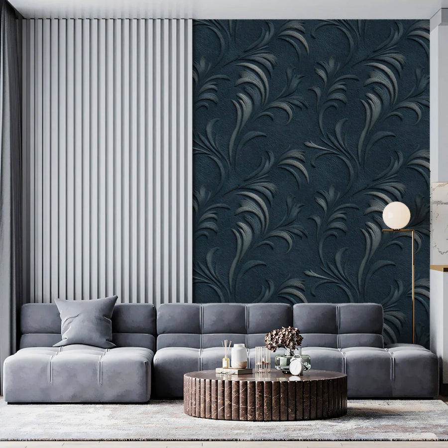 Regal Damask Scroll Mural Wallpaper Deep Navy & Silver Emboss Mural Wallpaper