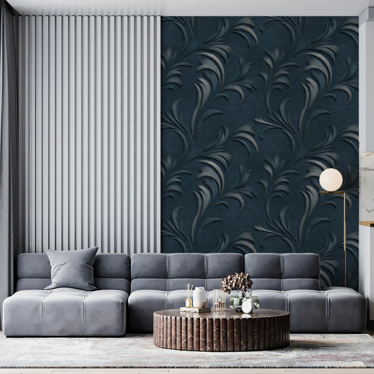 Regal Damask Scroll Mural Wallpaper Deep Navy & Silver Emboss Mural Wallpaper - pure wallpaper artwork