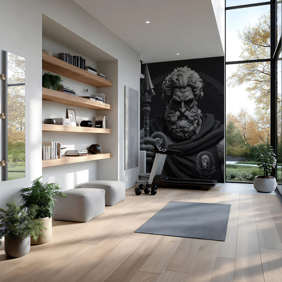 Greek Warrior Statue Mural Wallpaper — Monochromatic Mythological Art Mural Wallpaper