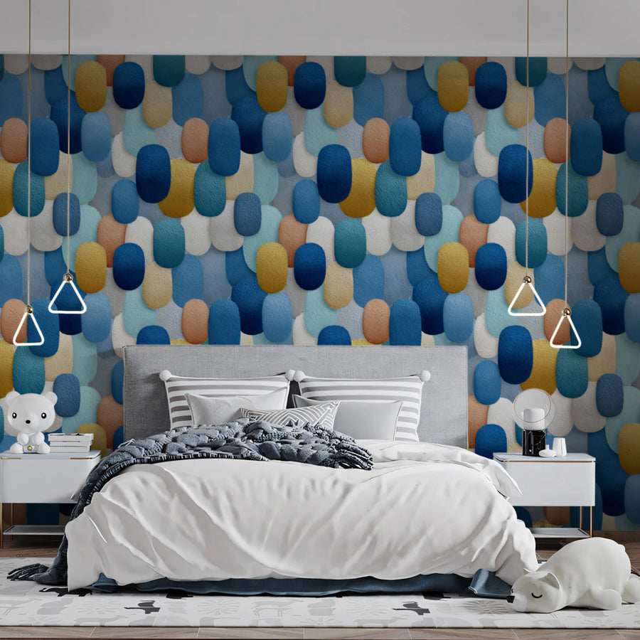 Abstract Scallop Scale Mural Wallpaper in Blue and Gold Mural Wallpaper