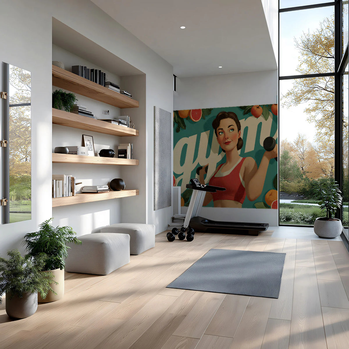 Retro Fitness Girl Mural Wallpaper —Mid-Century Gym Art Mural Wallpaper - pure wallpaper artwork