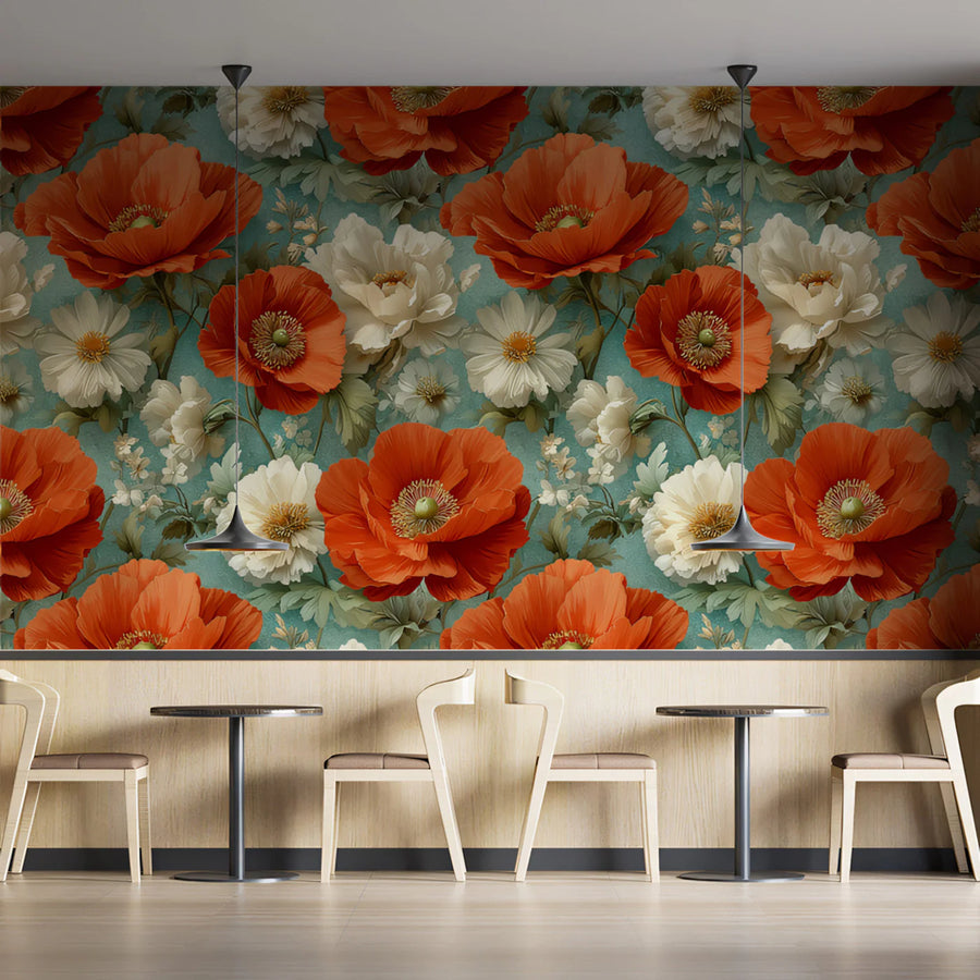 Orange Poppy and Daisy Floral Mural Wallpaper — Bright Botanical Mural Wallpaper