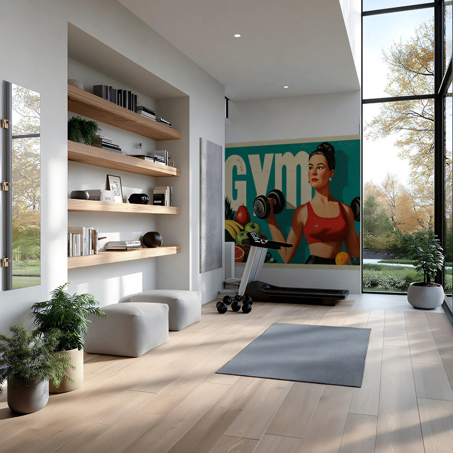 Vintage Gym Lady Mural Wallpaper — Retro Fitness Illustration Mural Wallpaper