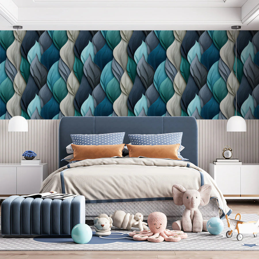 Braided Leaf Layers Mural Wallpaper — Teal and Cool Gray Tones Mural Wallpaper