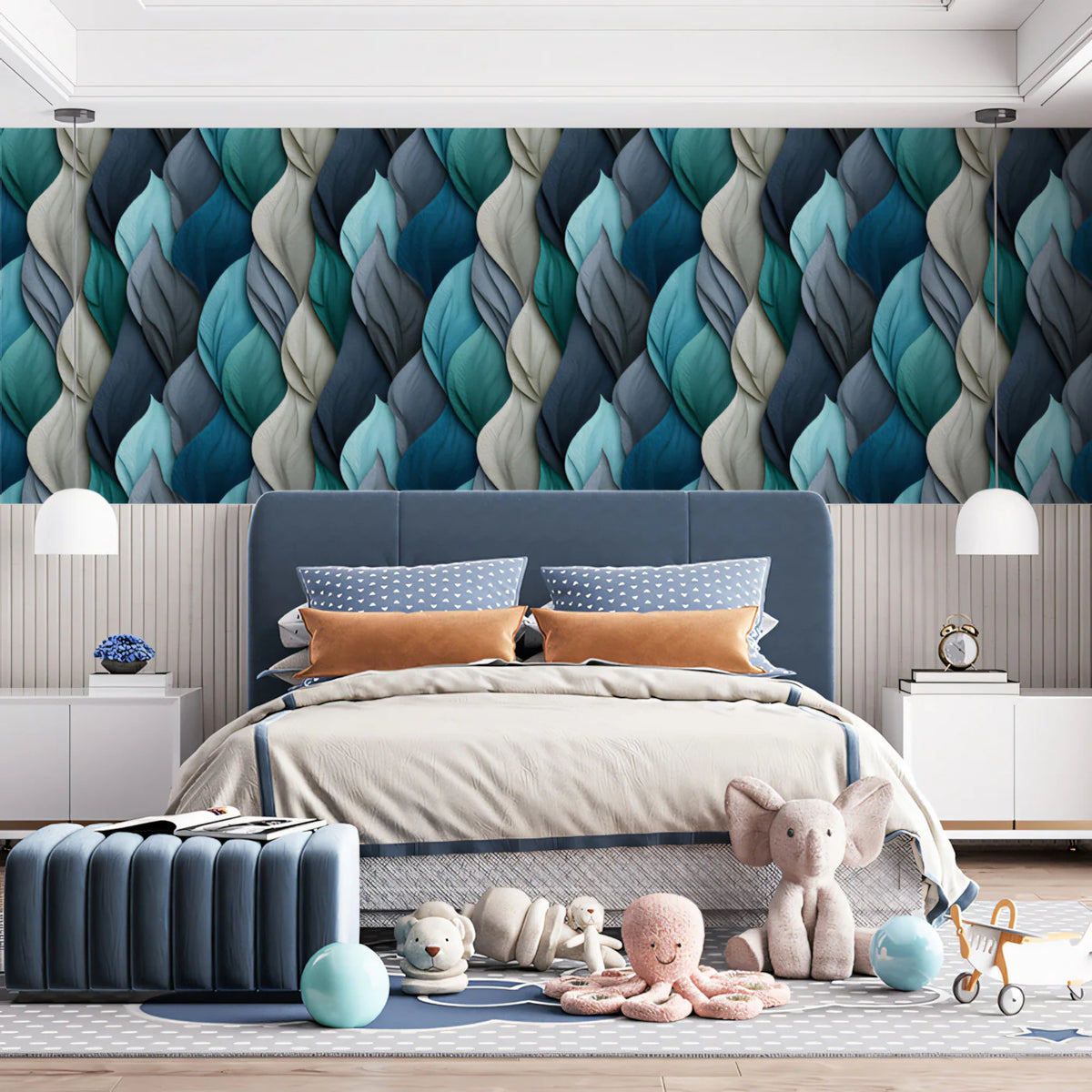 Braided Leaf Layers Mural Wallpaper — Teal and Cool Gray Tones Mural Wallpaper - pure wallpaper artwork