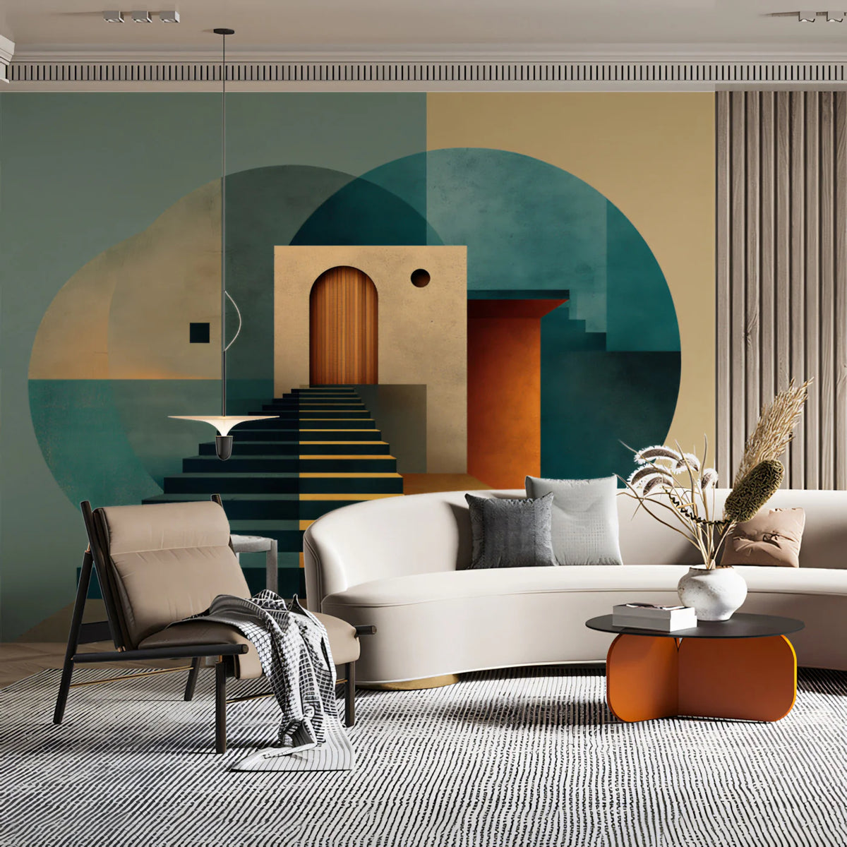 Abstract Architectural Staircase Mural Wallpaper — Modern Art Mural Wallpaper - pure wallpaper artwork