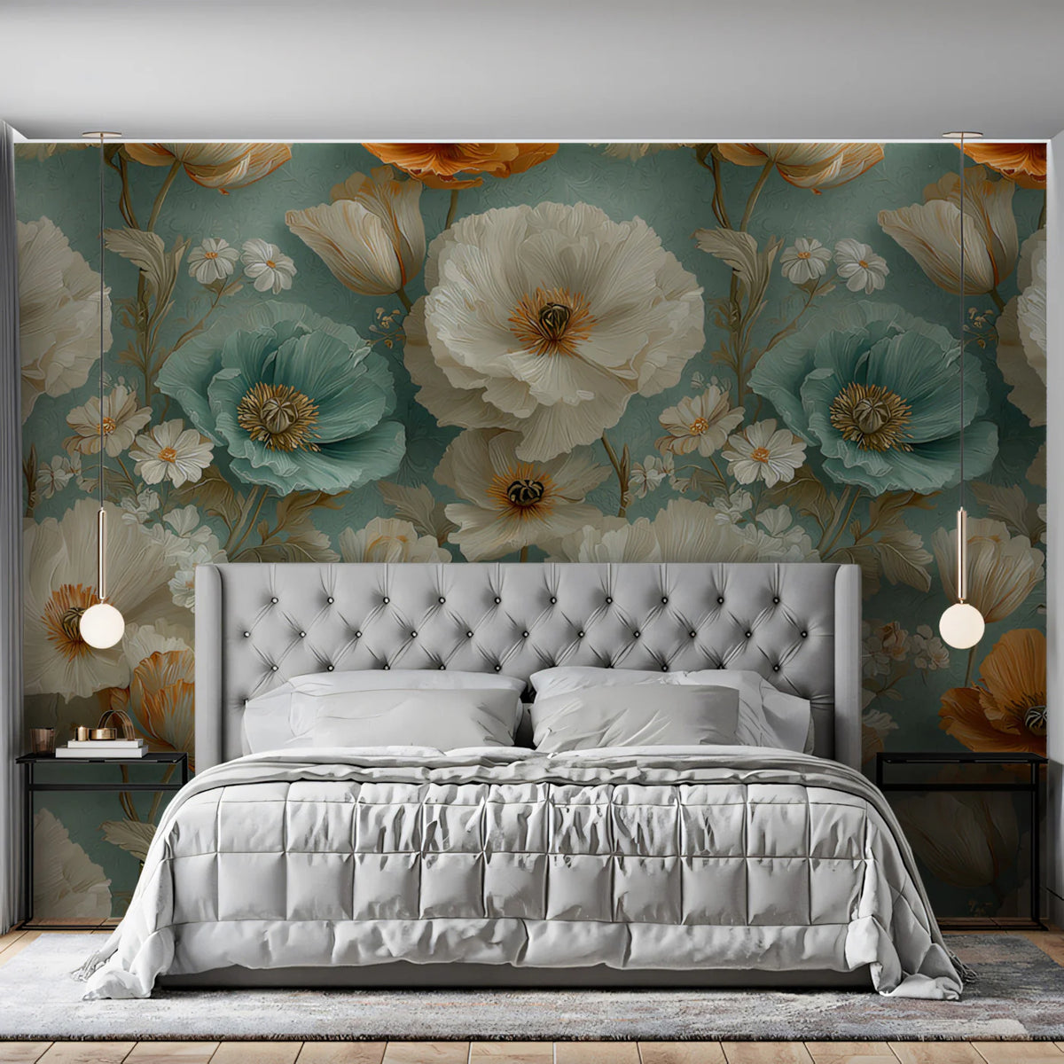 Large Scale Floral Garden Mural Wallpaper — Teal and Amber Bloom Mural Wallpaper - pure wallpaper artwork