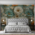 Large Scale Floral Garden Mural Wallpaper — Teal and Amber Bloom Mural Wallpaper - pure wallpaper artwork