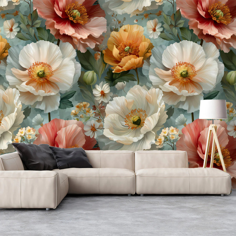Blooming Peony Field Mural Wallpaper — Soft Apricot and Cream Mural Wallpaper