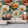 Blooming Peony Field Mural Wallpaper — Soft Apricot and Cream Mural Wallpaper - pure wallpaper artwork