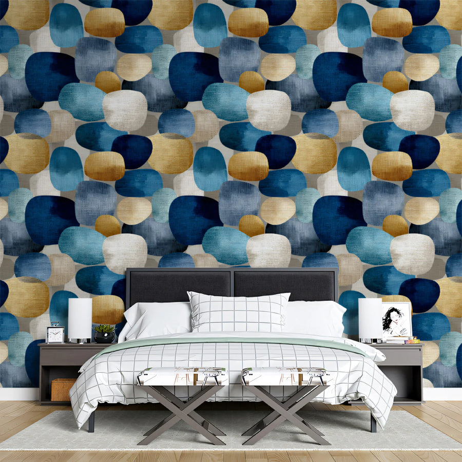 Abstract Pebble Cluster Mural Wallpaper — Navy and Ochre Mural Wallpaper
