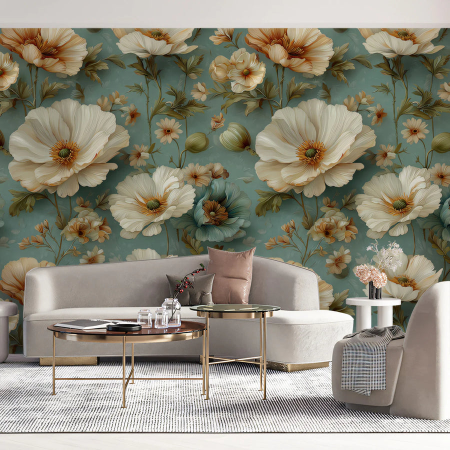 Vintage Peony Botanical Mural Wallpaper — Soft Teal & Cream Mural Wallpaper