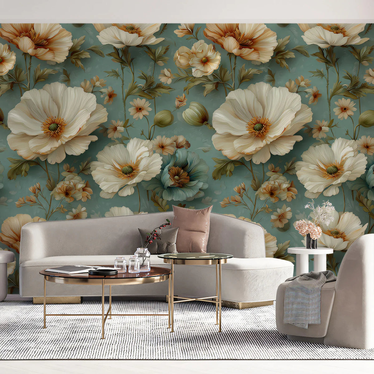 Vintage Peony Botanical Mural Wallpaper — Soft Teal & Cream Mural Wallpaper - pure wallpaper artwork