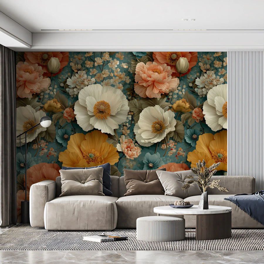 Vintage Floral Mural Wallpaper — Peach, Teal and Ochre Blooms Mural Wallpaper
