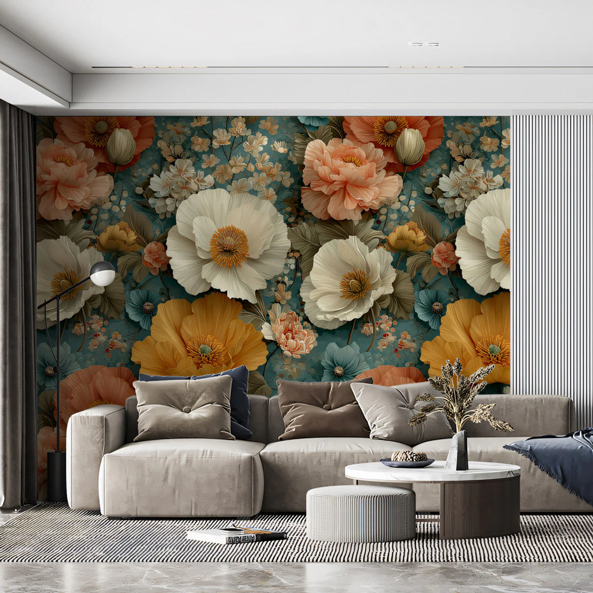 Vintage Floral Mural Wallpaper — Peach, Teal and Ochre Blooms Mural Wallpaper - pure wallpaper artwork
