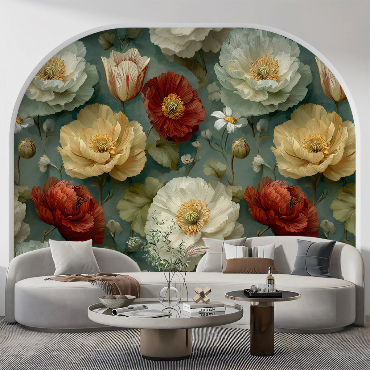 Grand Botanical Floral Mural Wallpaper in Crimson and Ochre Mural Wallpaper - pure wallpaper artwork