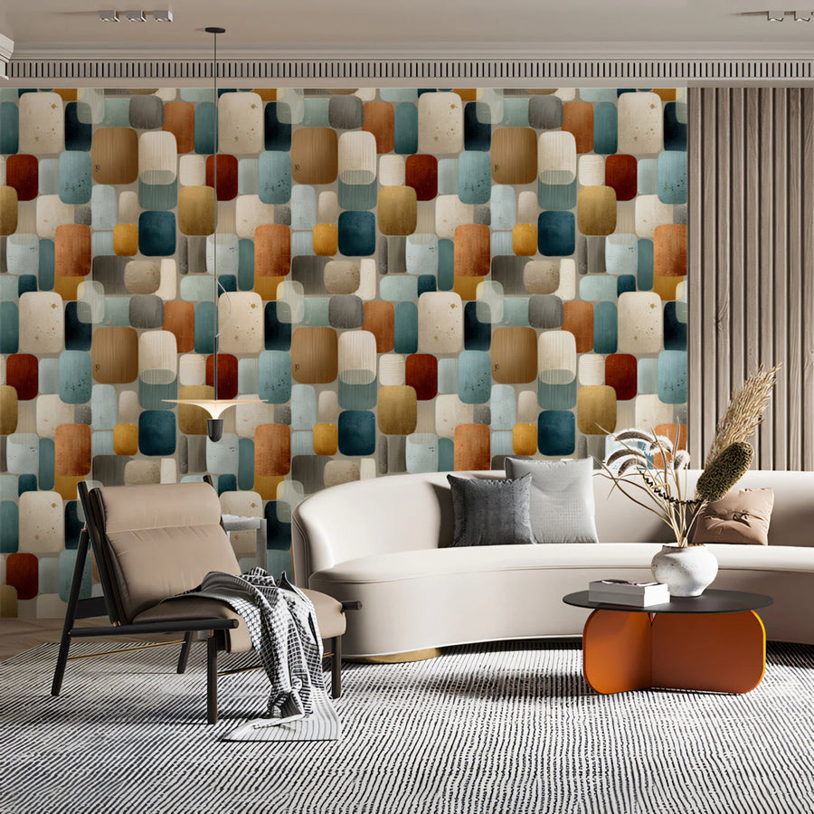 Stacked Block Harmony Mural Wallpaper — Mid-Century Abstract Pattern Mural Wallpaper