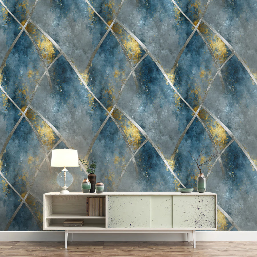 Geometric Mineral Vein Mural Wallpaper Blue, Gray, and Gilded Gold Mural Wallpaper