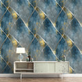 Geometric Mineral Vein Mural Wallpaper Blue, Gray, and Gilded Gold Mural Wallpaper - pure wallpaper artwork