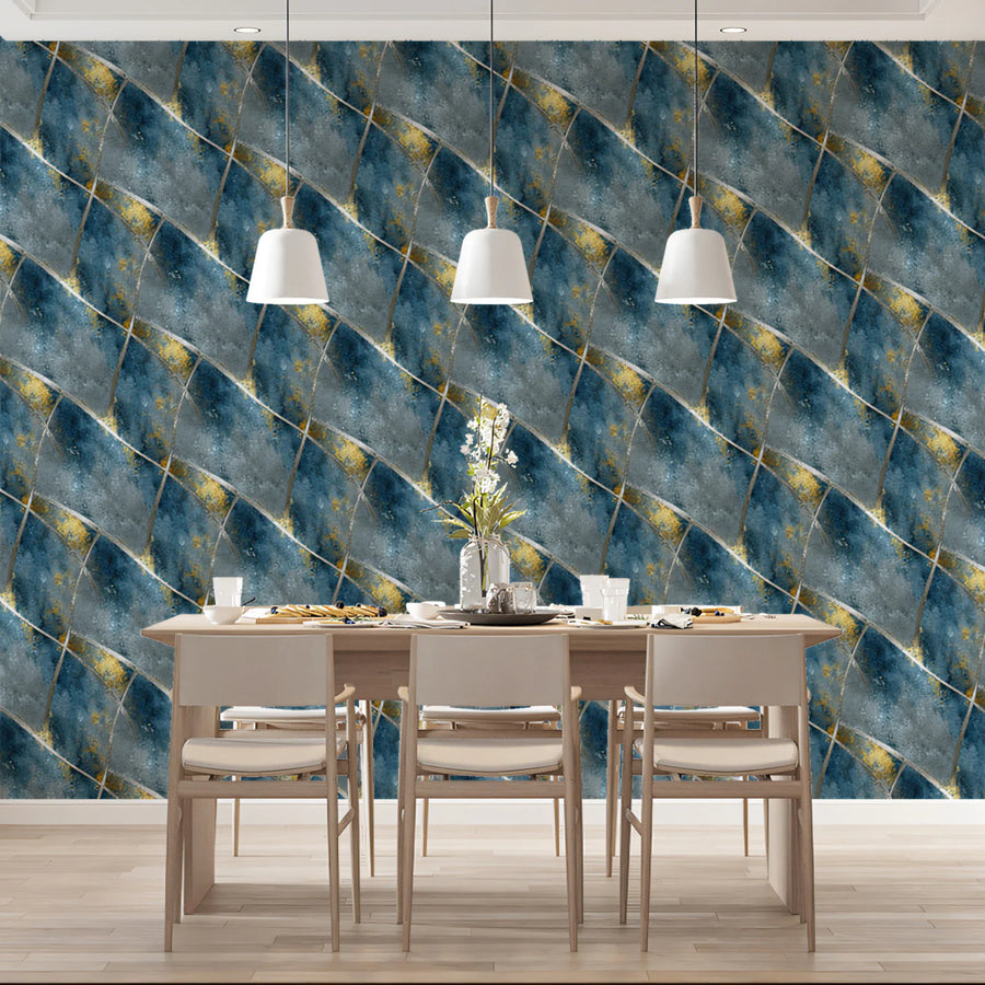 Abstract Diamond Texture Mural Wallpaper Blue, Gray, and Subtle Gold Mural Wallpaper