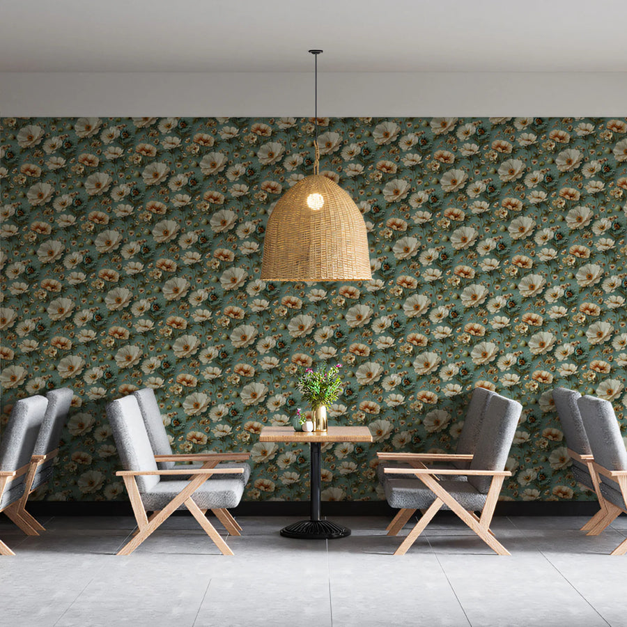 Vintage Floral Field Mural Wallpaper — Muted Teal and Cream Mural Wallpaper