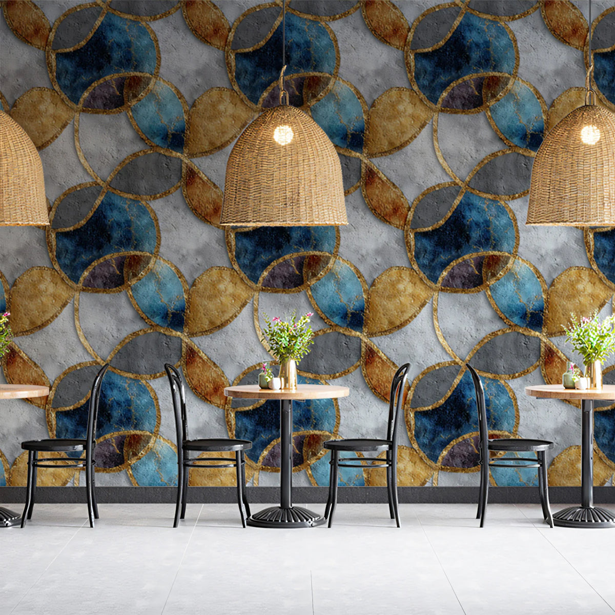 Art Deco Geometric Circles Mural Wallpaper — Gold and Navy Blue Mural Wallpaper - pure wallpaper artwork
