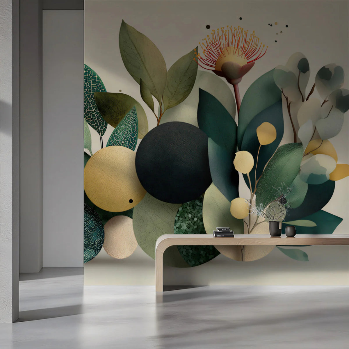 Abstract Botanical Bloom Mural Wallpaper — Modern Foliage Design Mural Wallpaper - pure wallpaper artwork