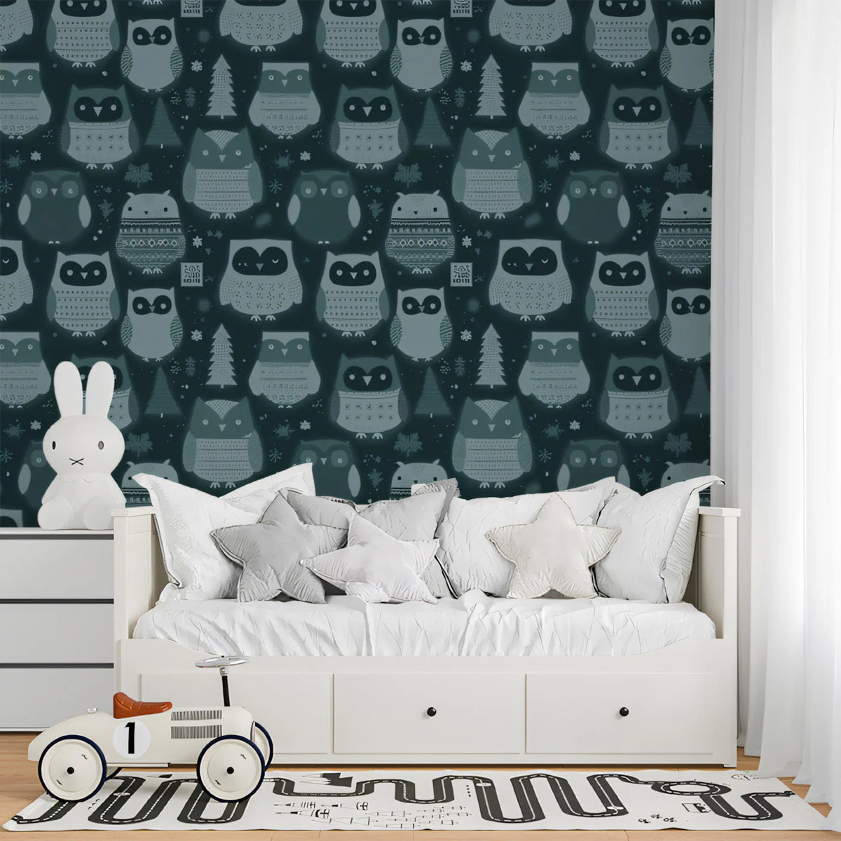 Nordic Owl and Pine Forest Mural Wallpaper —Whimsical Blue Mural Wallpaper - pure wallpaper artwork