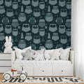 Nordic Owl and Pine Forest Mural Wallpaper —Whimsical Blue Mural Wallpaper - pure wallpaper artwork