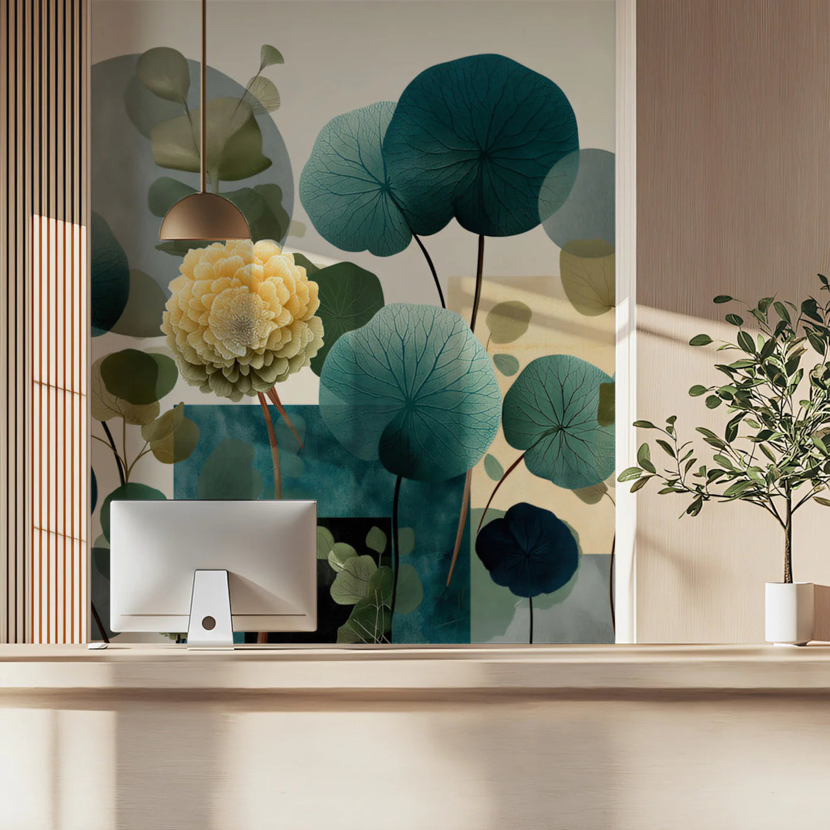 Abstract Botanical Mural Wallpaper — Teal and Ochre Bloom Mural Wallpaper - pure wallpaper artwork