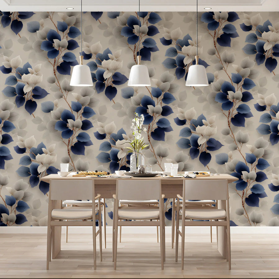 Diagonal Leaf Branch Mural Wallpaper in Navy and Soft Cream Mural Wallpaper