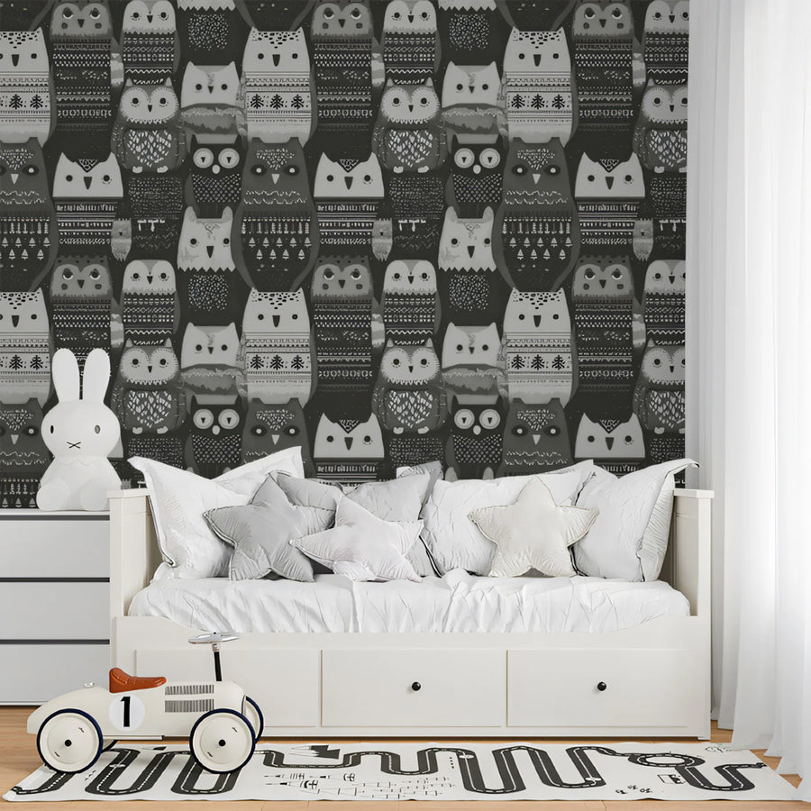 Nordic Owl Knit Mural Wallpaper —Whimsical Monochrome Design Mural Wallpaper