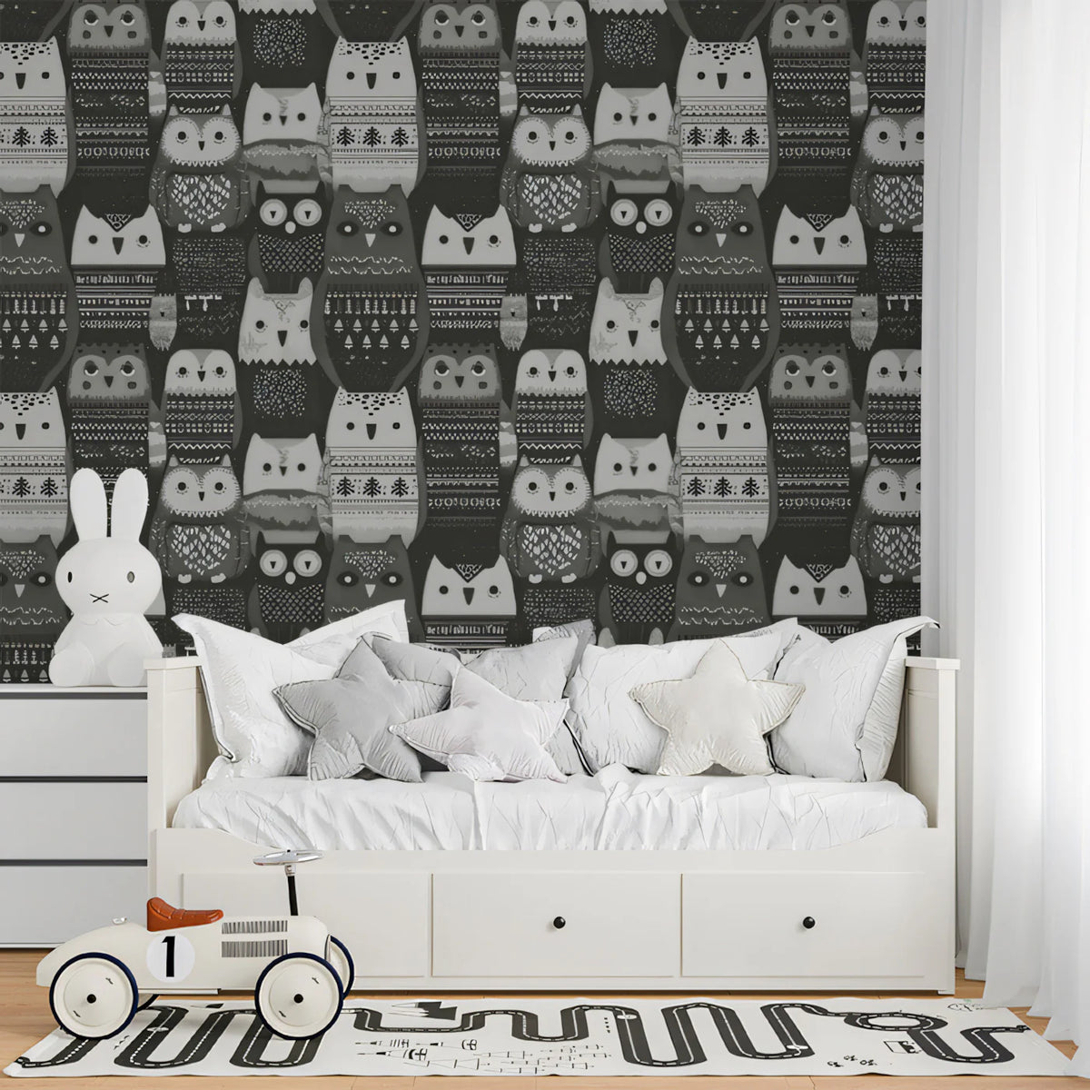 Nordic Owl Knit Mural Wallpaper —Whimsical Monochrome Design Mural Wallpaper - pure wallpaper artwork