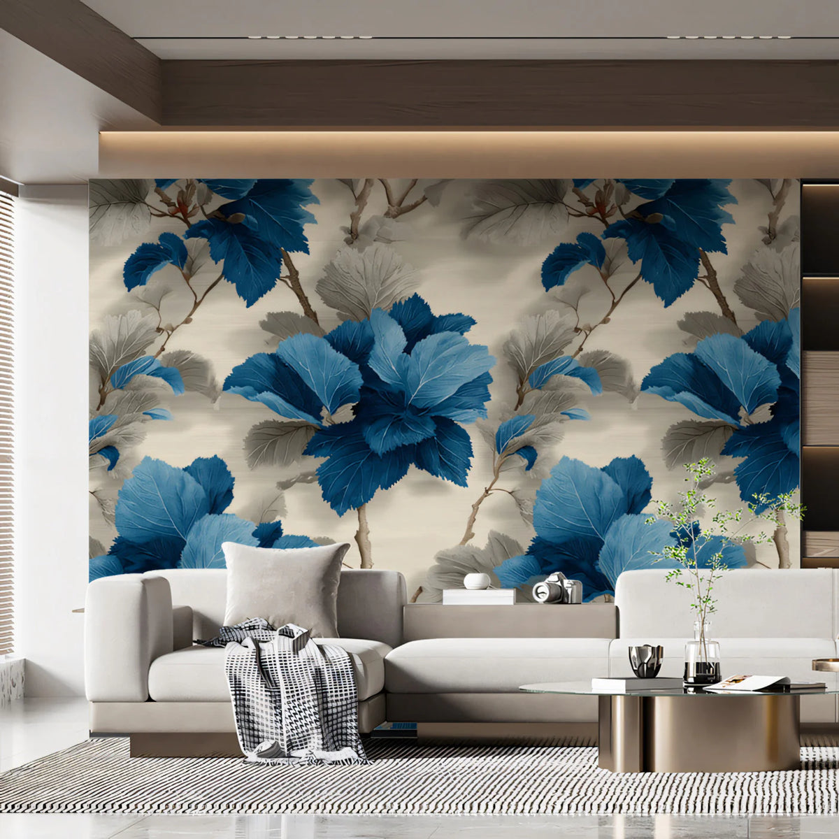 Sculptural Leaf Mural Wallpaper in Deep Blue and Soft Gray Mural Wallpaper - pure wallpaper artwork