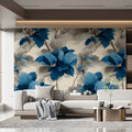 Sculptural Leaf Mural Wallpaper in Deep Blue and Soft Gray Mural Wallpaper - pure wallpaper artwork