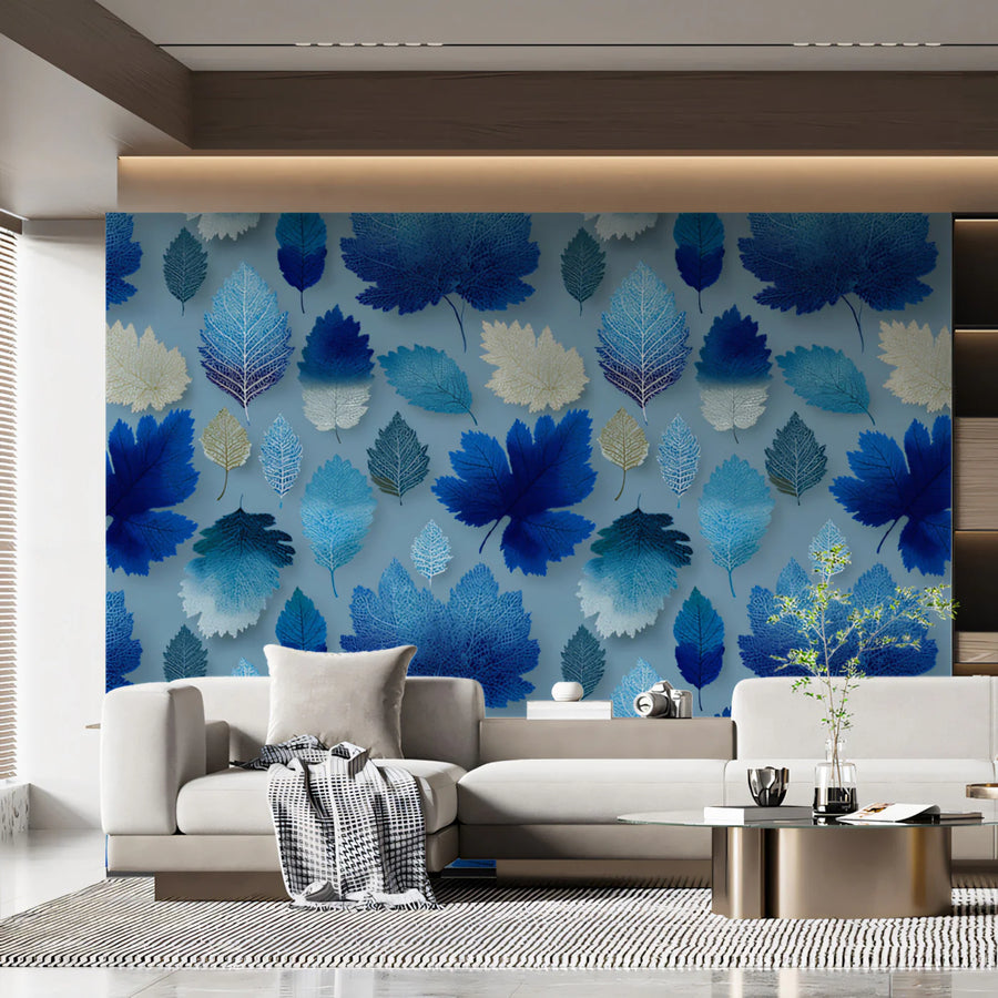 Frosted Botanical Leaf Mural Wallpaper — Cool Blue Tones Mural Wallpaper