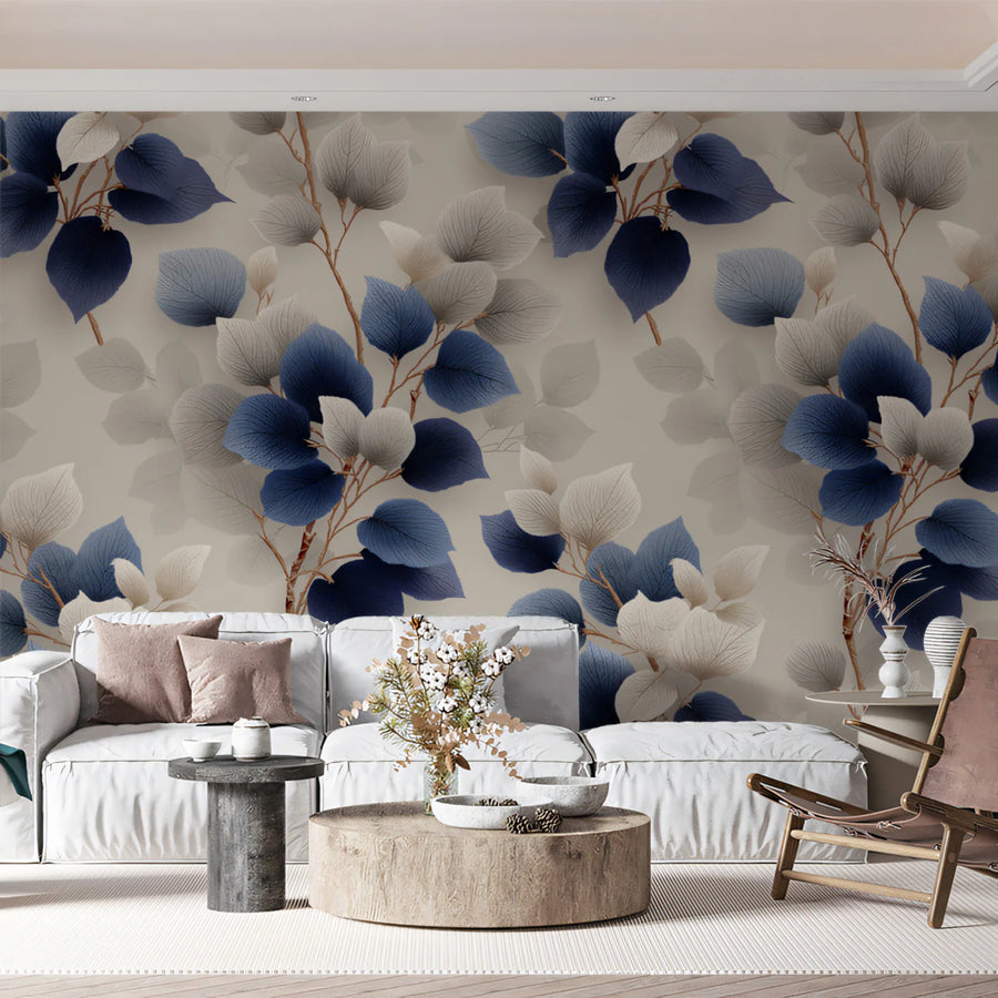 Botanical Trails Mural Wallpaper — Navy and Warm Beige Leaves Mural Wallpaper