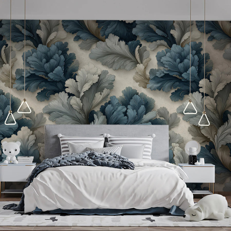 Acanthus Leaf Mural Wallpaper — Blue and Cream Botanical Art Mural Wallpaper