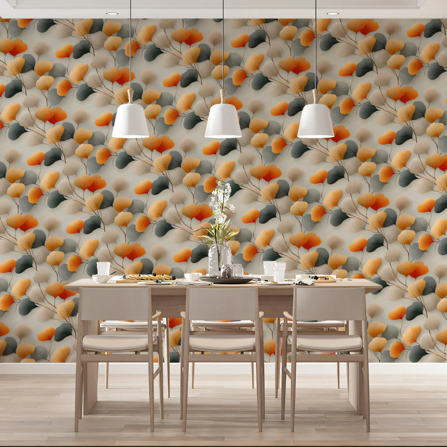 Autumn Ginkgo Leaf Mural Wallpaper — Muted Orange and Teal Mural Wallpaper